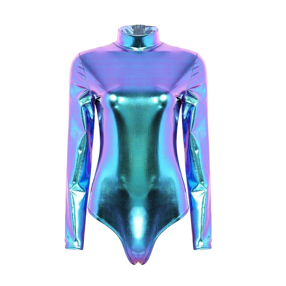 Glänzender Metallic-PVC Yoga Jumpsuit für Damen Langarm Stehkragen Bodysuit für Halloween & Fitness