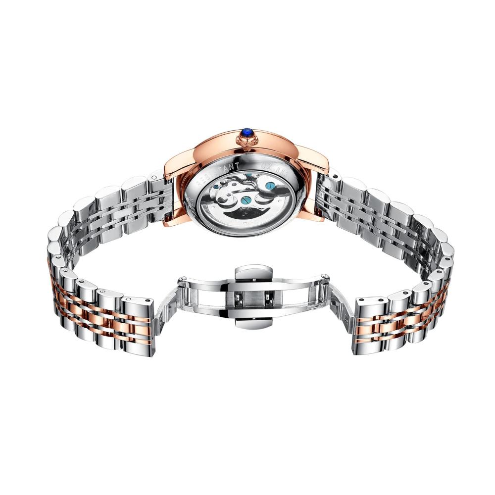 Roségold Damen-Armbanduhr mit automatischem mechanischem Uhrwerk Edelstahlband luxuriösem Skelett-Zifferblatt Diamanten und Eleganz