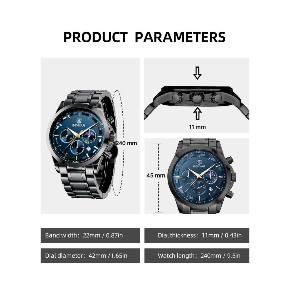 BENYAR Chronograph Herrenuhr - Stilvolle Armbanduhr mit Analogem Quarz Wasserdicht Leuchtendem Datum Business Design - Perfektes Geschenk für Männer mit Leder- oder Edelstahlarmband