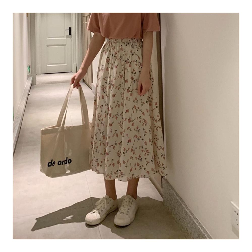 Vintage Blumendruck Maxi Rock - A-line Plissee Sommerrock für Damen Koreanischer Streetwear Midi Rock mit Kordelzug und elastischer Taille