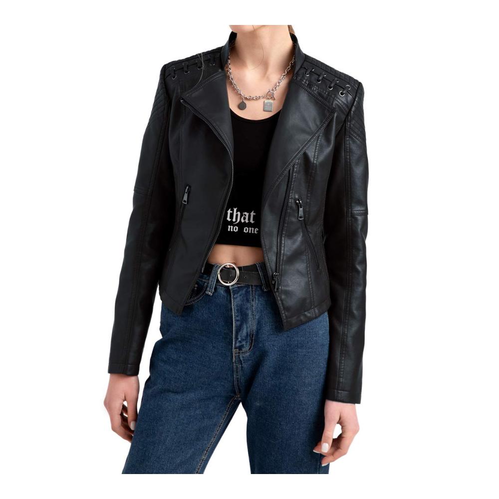 Lederjacke Damen Bikerjacke kurz mit Reverskragen für Frühling Herbst - Motorradtaugliche Übergangsjacke