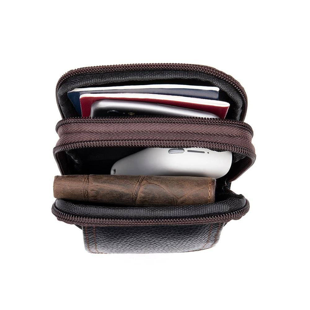 Herren Leder Hüfttasche mit Handyfach Multifunktionale Vertikale Schultertasche für Outdoor Gürteltasche mit Karabiner - Ideal für Handy Geldbörse & mehr