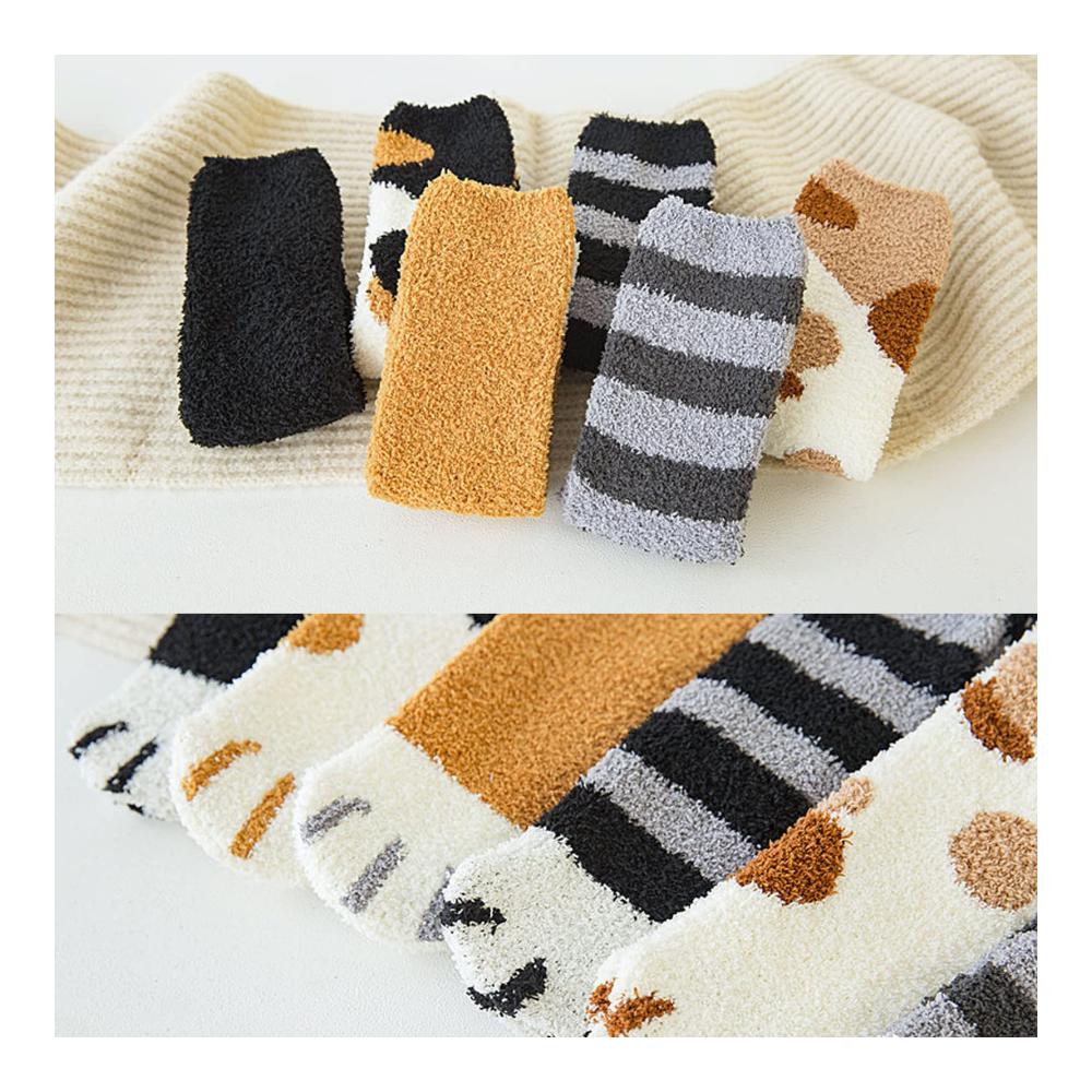 Warme Damen Stoppersocken 5er Pack | Flauschige Coral Fleece Katzensocken | Winter Hausschuhsocken mit Katzenkrallen | Damen-Mittelrohrsocken für Zuhause | Fuzzy Plüsch Schlafsocken