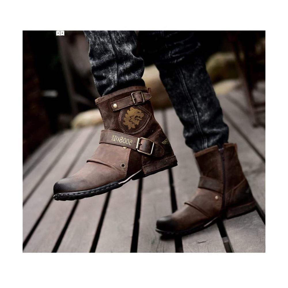 Herren Moto Stiefel Lederstiefel mit Reißverschluss Übergröße 46 EU Westernstil Kaffeebraun