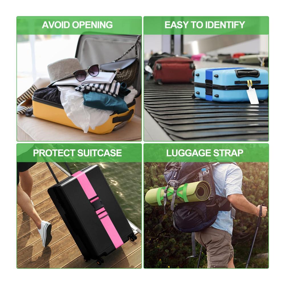 Gepäck-Set 4 Einstellbare Koffer- & Taschenanhänger mit Silikon Adressschild | Sicher Reisen mit Koffergurt Gepäckband & -anhänger | Mehrfarbige Kofferbänder & Gurt für einfaches Identifizieren