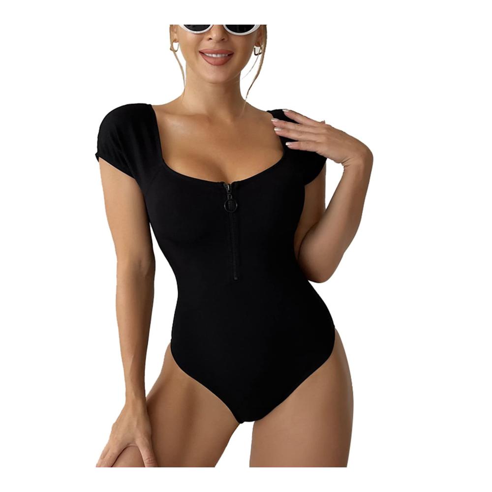 Badeanzug Damen Reißverschluss Kurzarm Schlanker Bikini für Strand und Pool - Modischer Einteiler in Einheitsfarbe