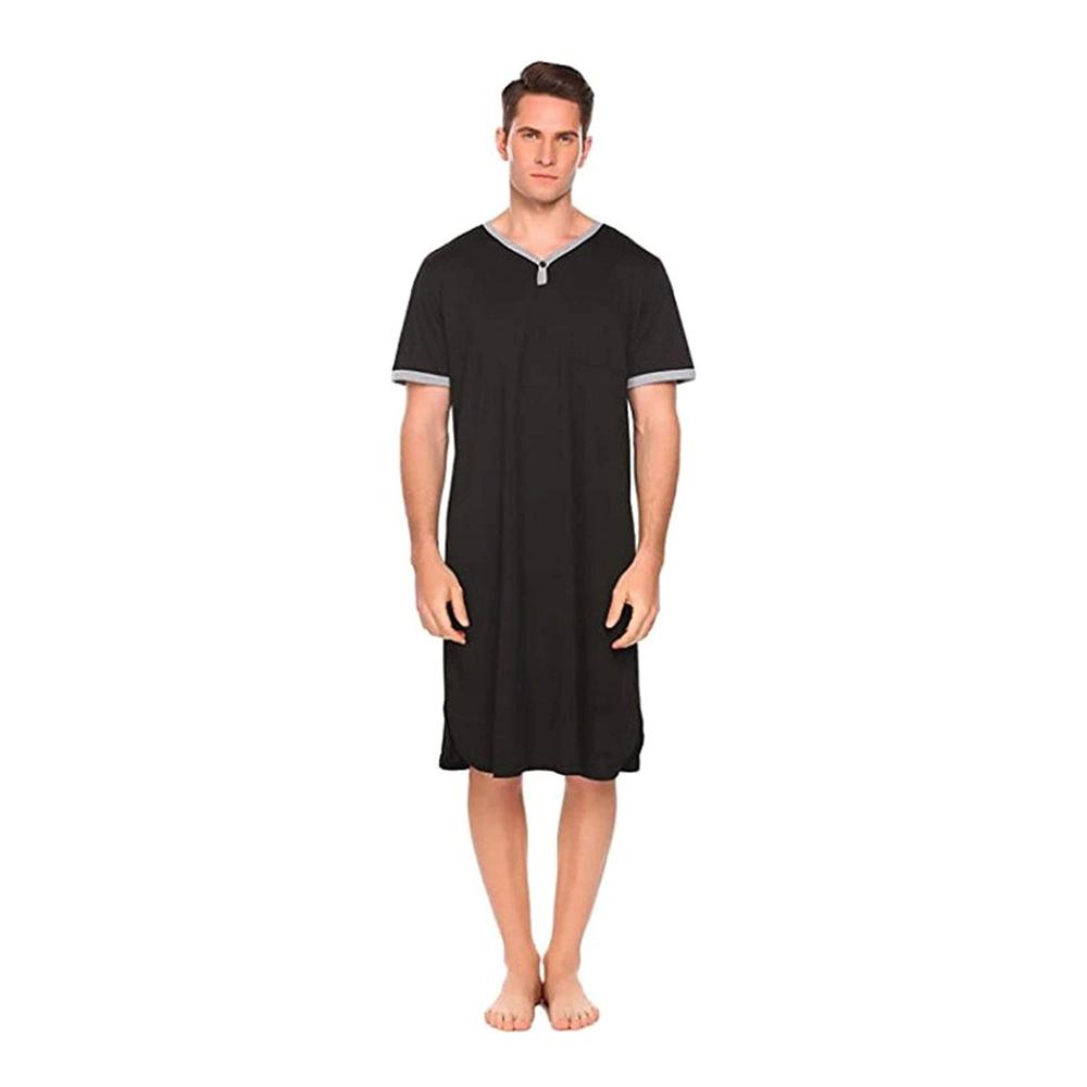 Herren Schlafanzug KANGNING Baumwoll Sleep Shirt Kurzarm V-Ausschnitt Bequemes Nachthemd in Blau - Größe XL