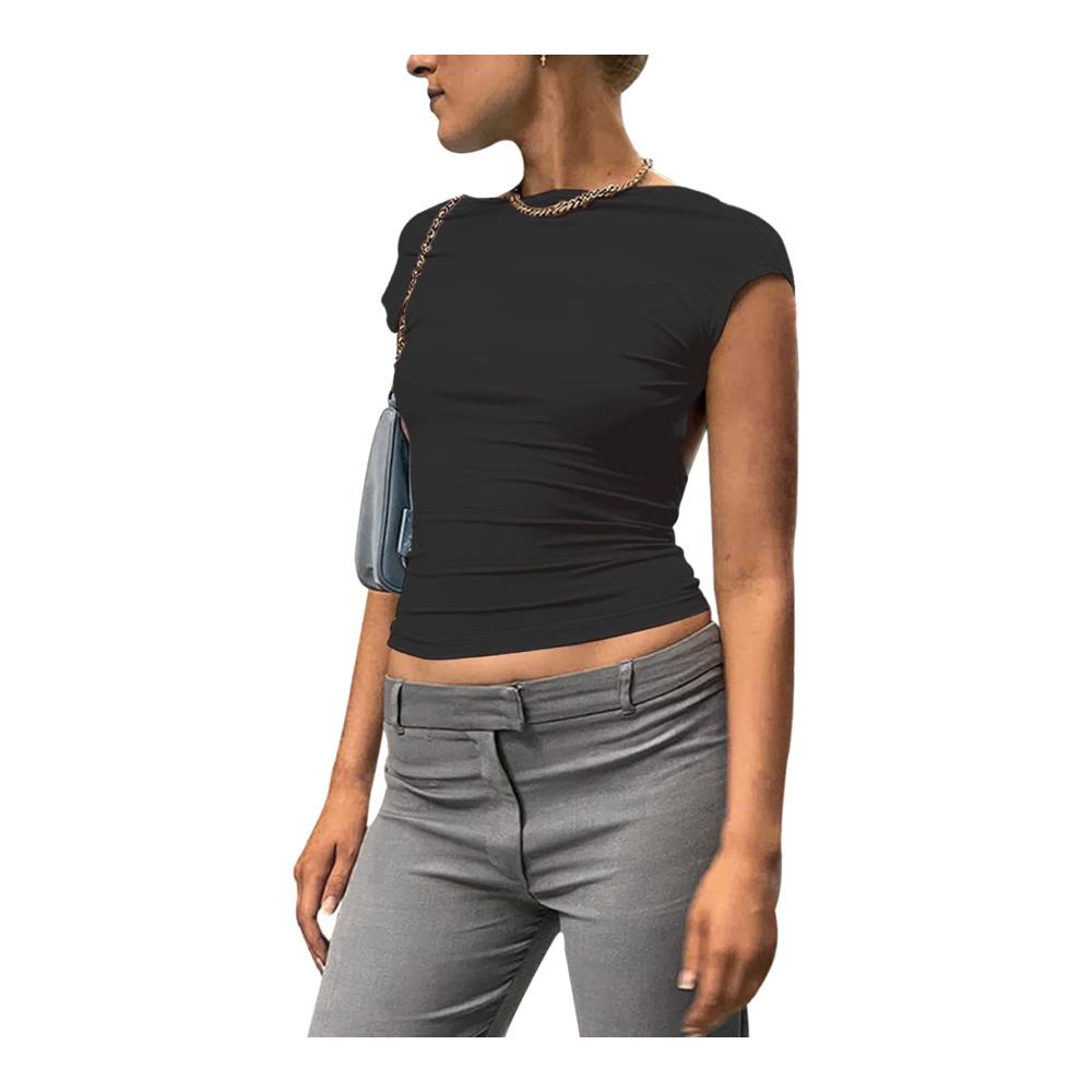 Open-Back Damen T-Shirt Kurzarm in Slim Fit | Elegantes Crop Top Rückenfrei mit Reinem Farbdesign (Größe L