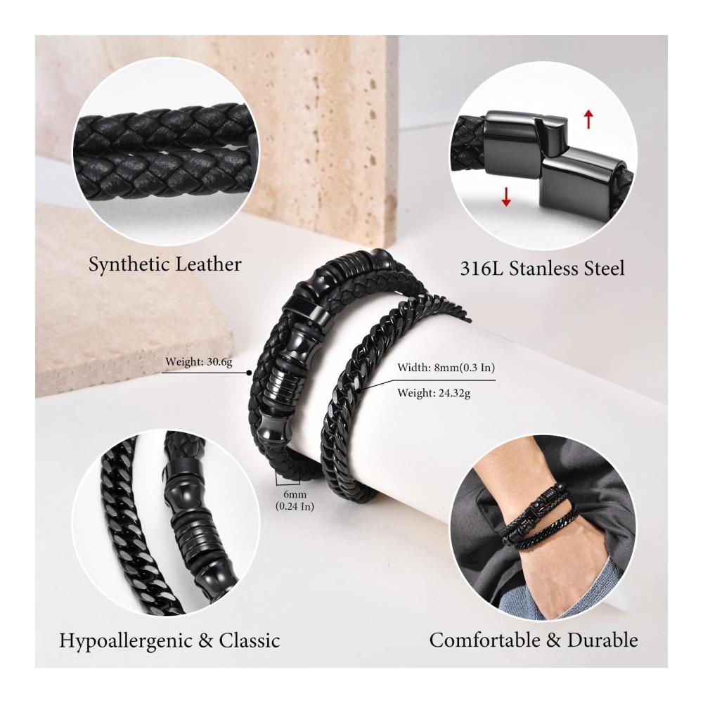Herren Lederarmband Set Schwarz Edelstahl Armbänder - Ideale Weihnachtsgeschenke für DAD Freund Ehemann - 2er Set Männer Armband Schmuck 19CM