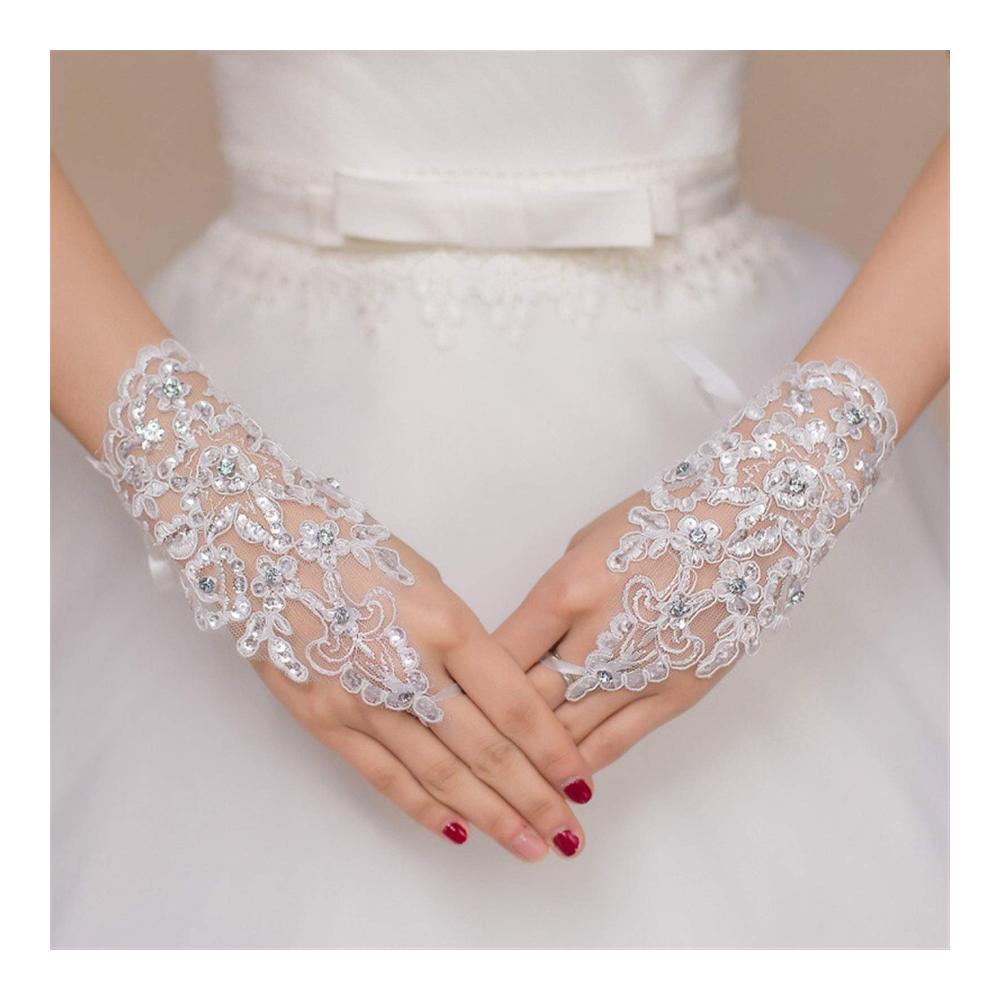 Hochzeitshandschuhe Elegante Perlen-Spitze Satin Fingerlos – Weiß & Elfenbein Brauthandschuhe 2021