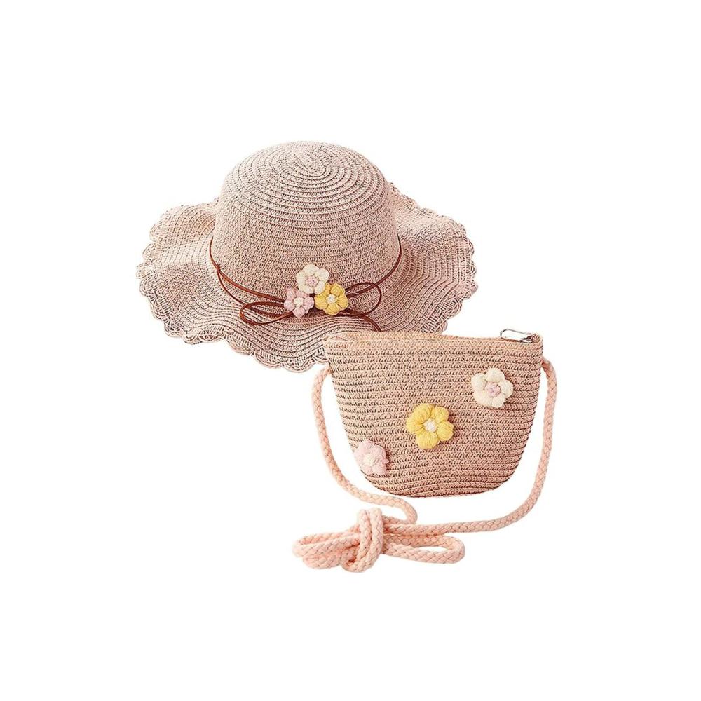 Stroh-Sonnenhut-Set für Kinder Mädchen Sonnenhüte mit kleiner Tasche - ideal für den Strandurlaub und Outdoor-Aktivitäten