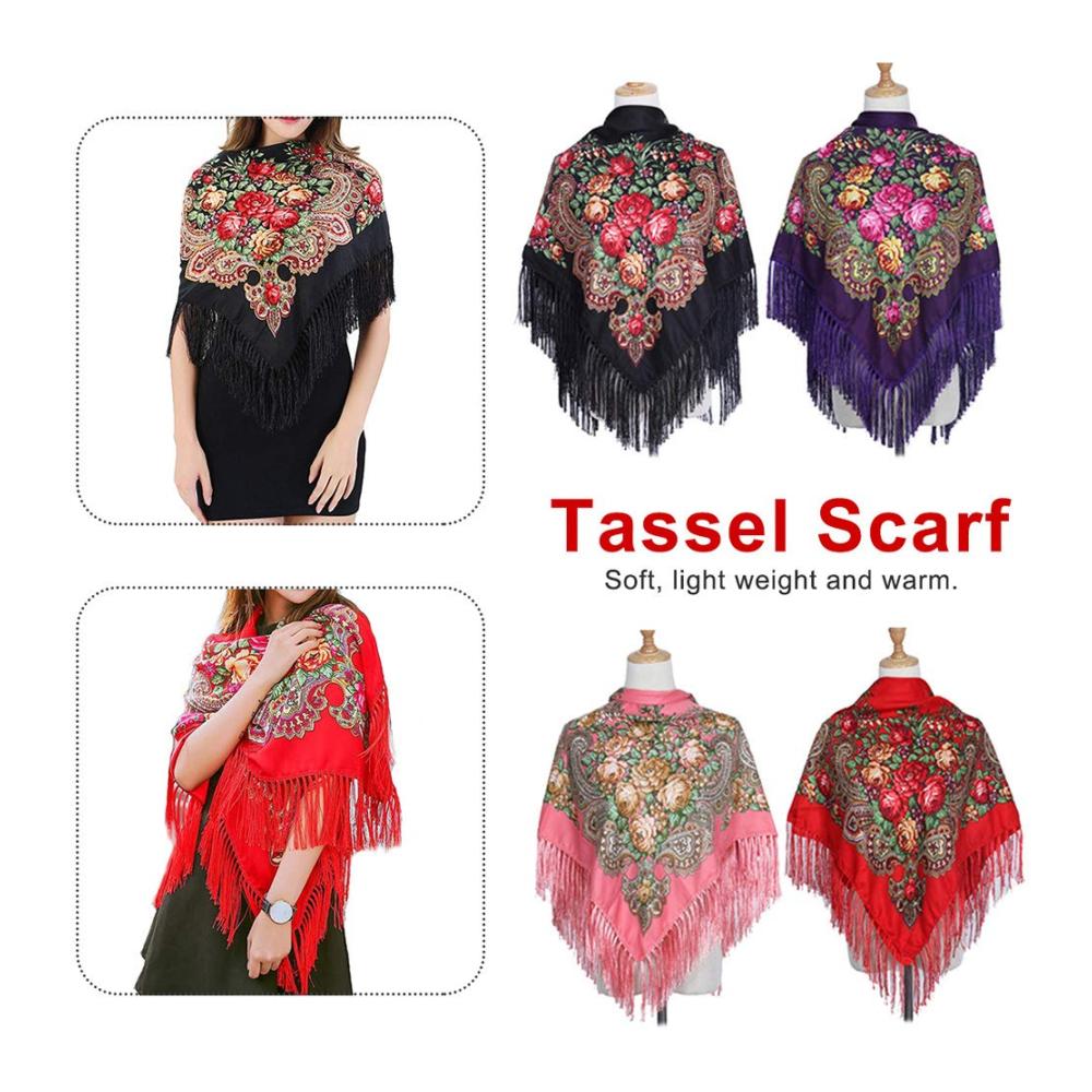 Pashmina Quadratischer Baumwollschal mit langen Quasten im Vintage Folk-Stil für den Frühling und Winter - Frauen Floral Pashmina Cape im russischen Design