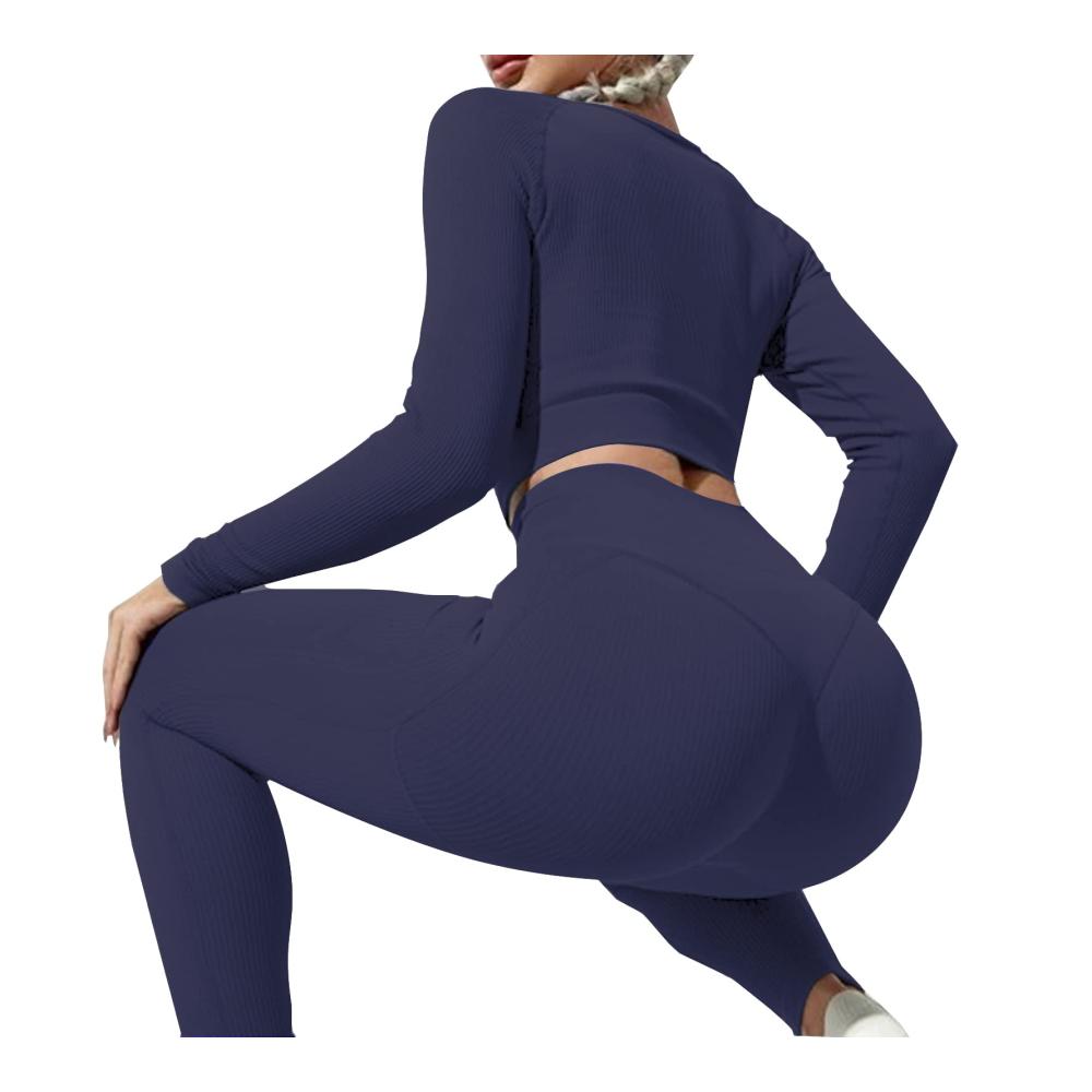 Yoga Leggings Set Geripptes Langarm Crop Top & Hohe Taille Workout Outfit für Frauen
