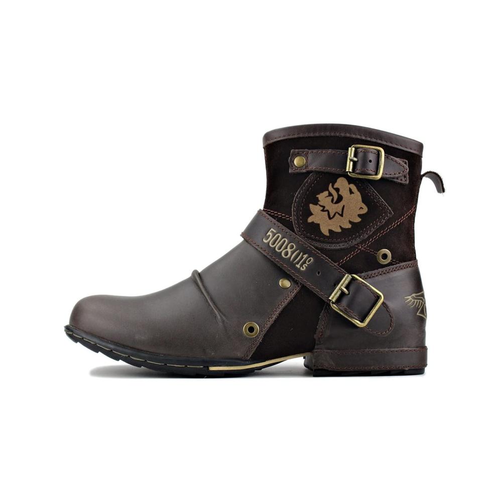 Herren Moto Stiefel Lederstiefel mit Reißverschluss Übergröße 46 EU Westernstil Kaffeebraun
