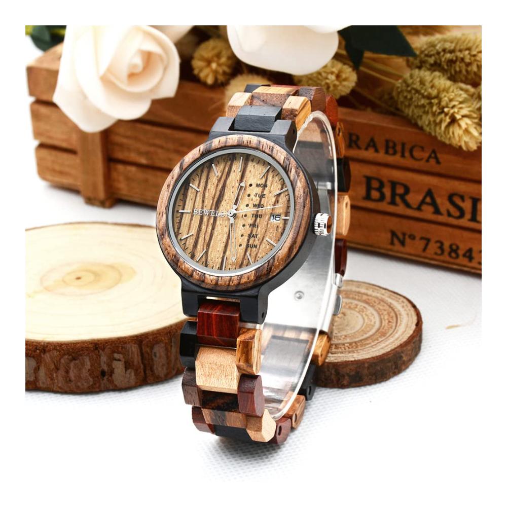 Sandelholz Armbanduhr für Damen mit Japanischer Analogbewegung und Kalender - Stilvolle Armbanduhren 020AL