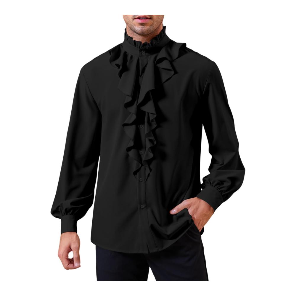 GAMISOTE Herren Freizeithemd mit Rüschen | Langarm Mittelalter Renaissance Gothic Shirt | Steampunk Style in Schwarz | Größe 3XL