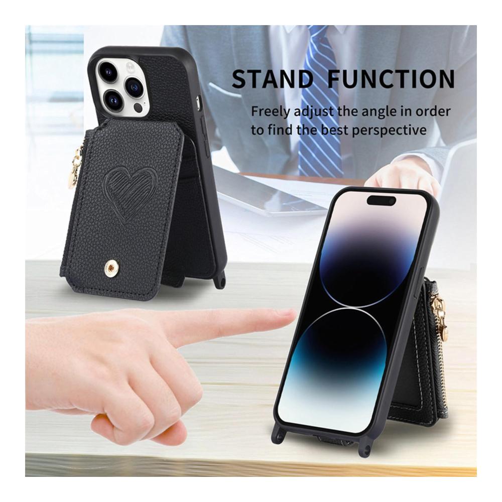 iPhone 15 Pro Max Geldbörsen-Hülle mit Band | Leder Handyhülle & Geldbörse Schwarz | Schlankes Design für 15 Plus/15 Pro | 15ProMax Tasche