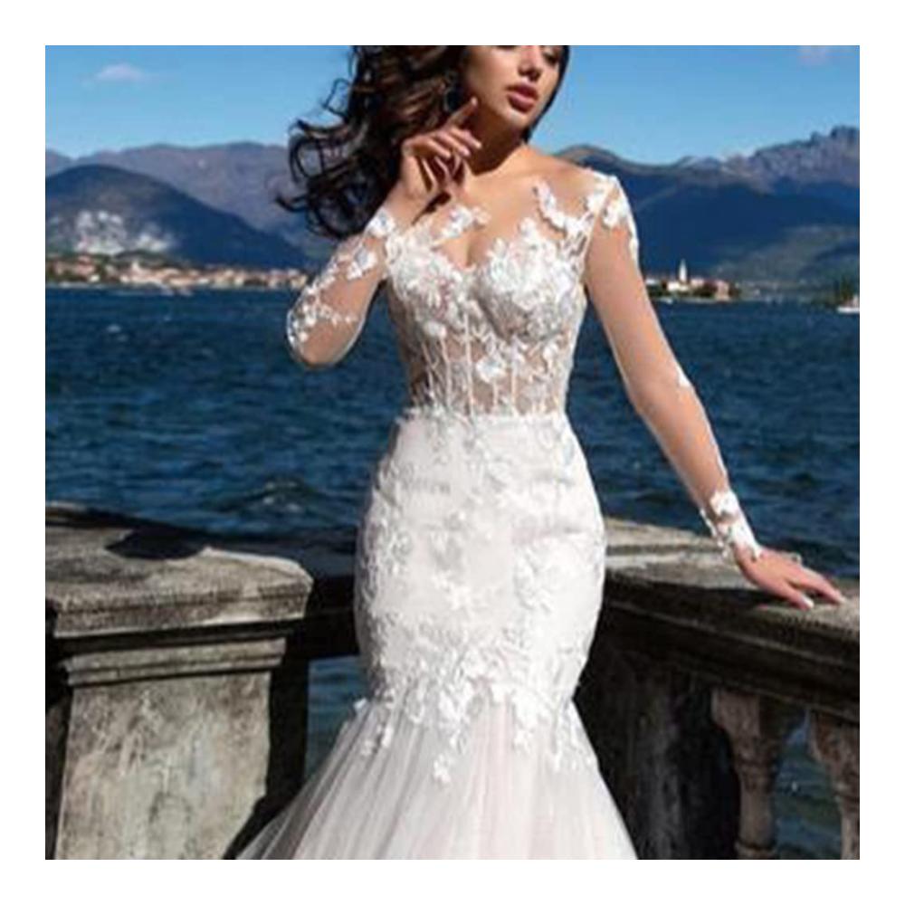 Spitzen Meerjungfrau Brautkleid mit Langarm und Applikationen - Elegantes Hochzeitskleid in Weiß (Größe 24W