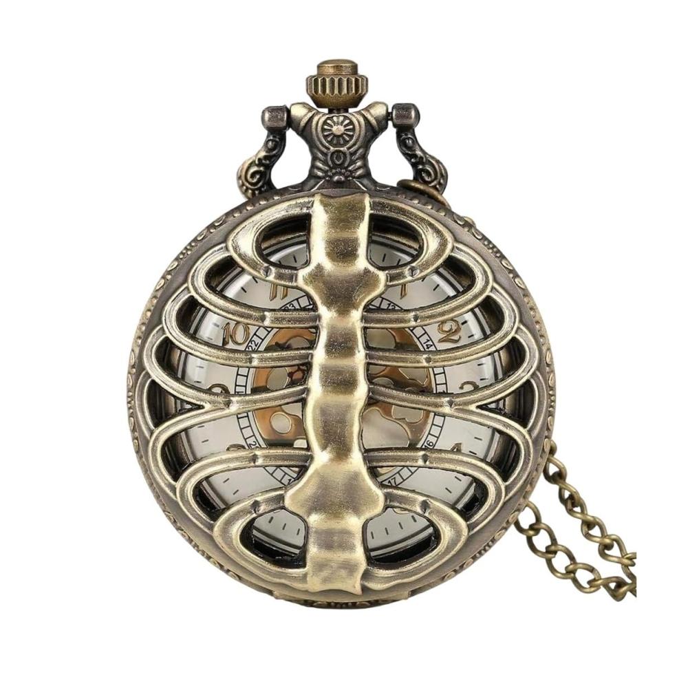 Antike Bronze Taschenuhr mit Hohlquarz Rippenmuster und Wirbelsäulendesign – Elegante Halskette für Herren und Damen