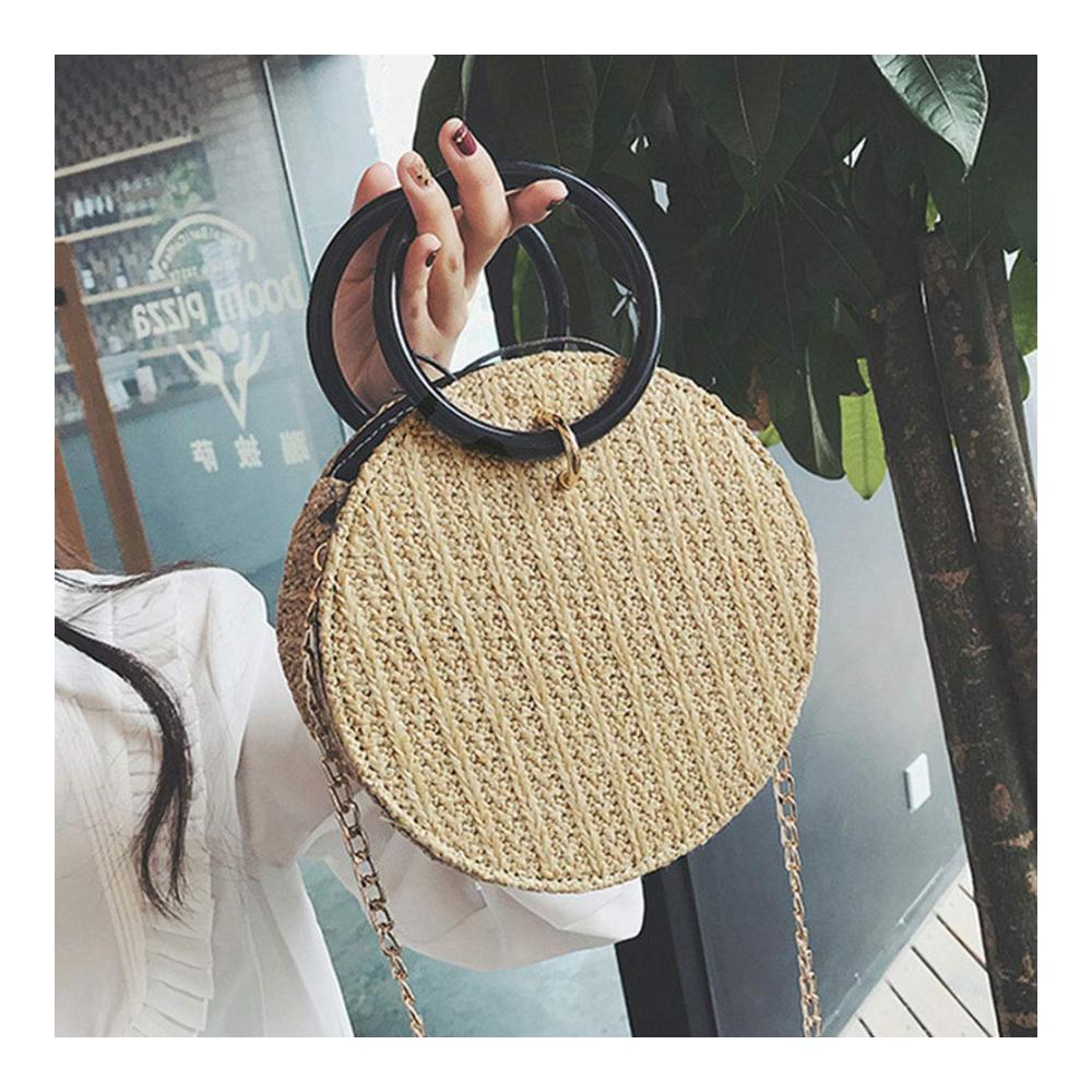 Boho Sommer Runde Stroh Strandtasche - Handgefertigte Rattan Umhängetasche mit Kreisgriff in Khaki für Frauen - Ideale Begleitung für Reisen und Urlaub