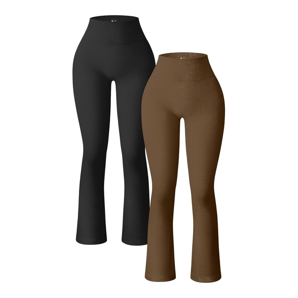 Nahtloses Ribbed 2-teiliges Yoga Leggings Set für Damen - Hochtaillierte Flare Workout Pants Ideal für HIIT Squats Yoga und Mehr (Schwarz Kaffee Größe L