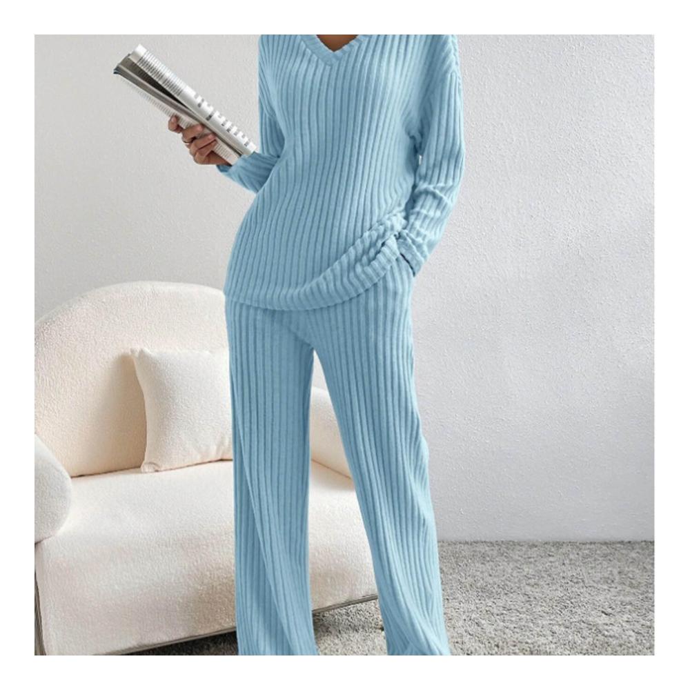 Damen Trainingsanzug Lockerer V-Ausschnitt-Pullover & lässige Hose für Jogging (2-teilig