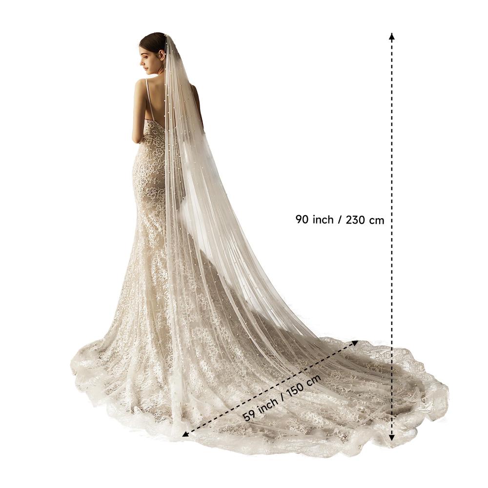 AMBRE ADÈLE Perlenschleier | Brautschleier lang für Hochzeit | Cremefarbener Schleier 150x229 cm | Hochzeitsschleier in Cremeweiß mit Perlen | Eleganter langer Braut-Schleier