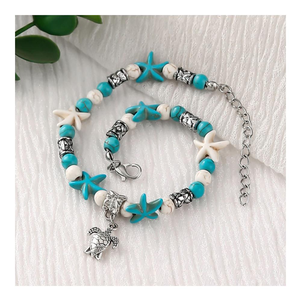 Boho Fußkettchen-Set Schildkrötenanhänger Ring- und Perlenanhänger passende Ringe Mond Bettelarmband