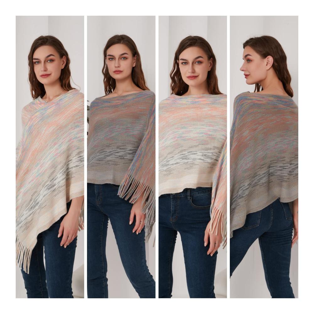 Strick Ponchos & Capes Damen Multicolor Poncho-Pullover mit Fransen – Vielseitiger Wickelschal für modische Eleganz