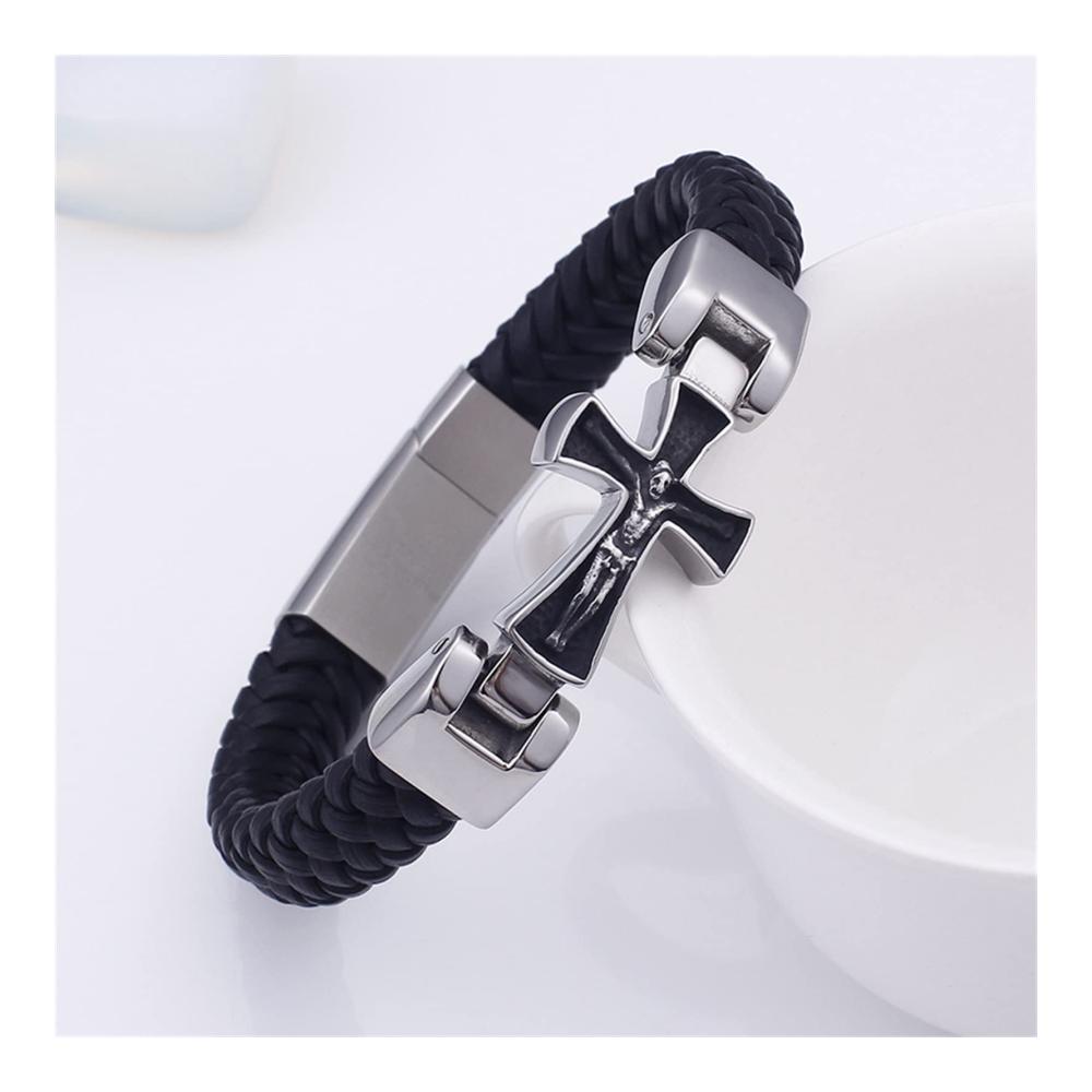 Herren Armband - Echtes Leder Kreuz Jesus Vintage Gothic Style Geflochten Silber 225 cm