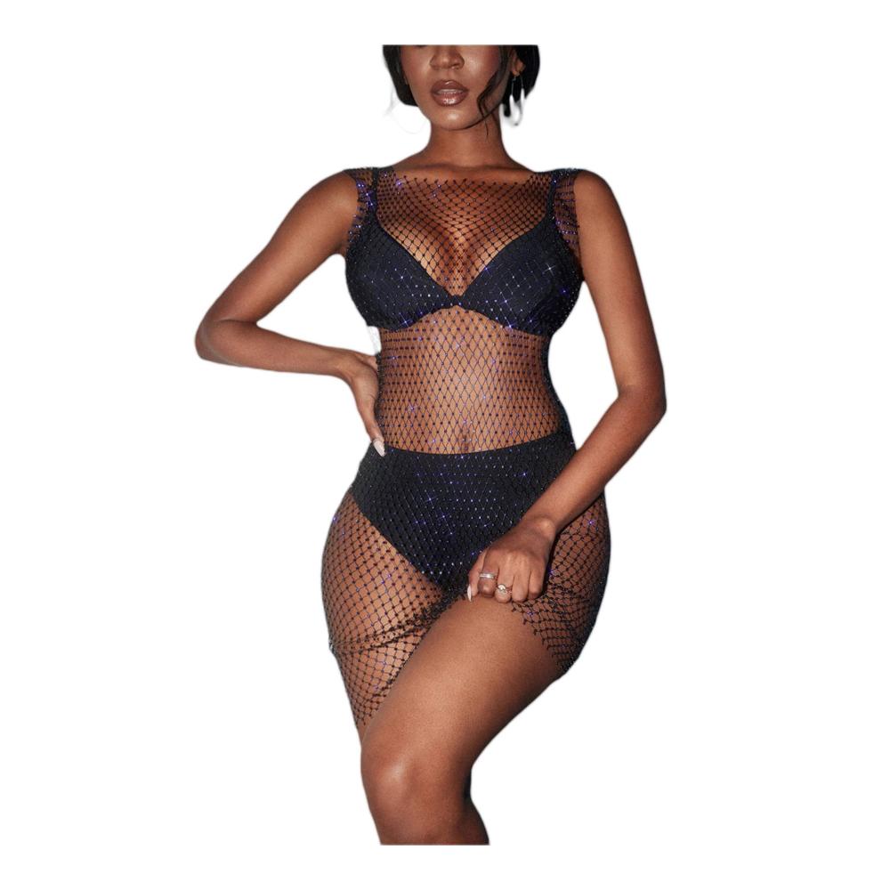GuliriFe Damen Sexy Strass Mesh Kleid - Bikini Cover Up für Rave Festival & Club in Schwarz - Pareos & Strandkleider für einen verführerischen Badeanzug-Look