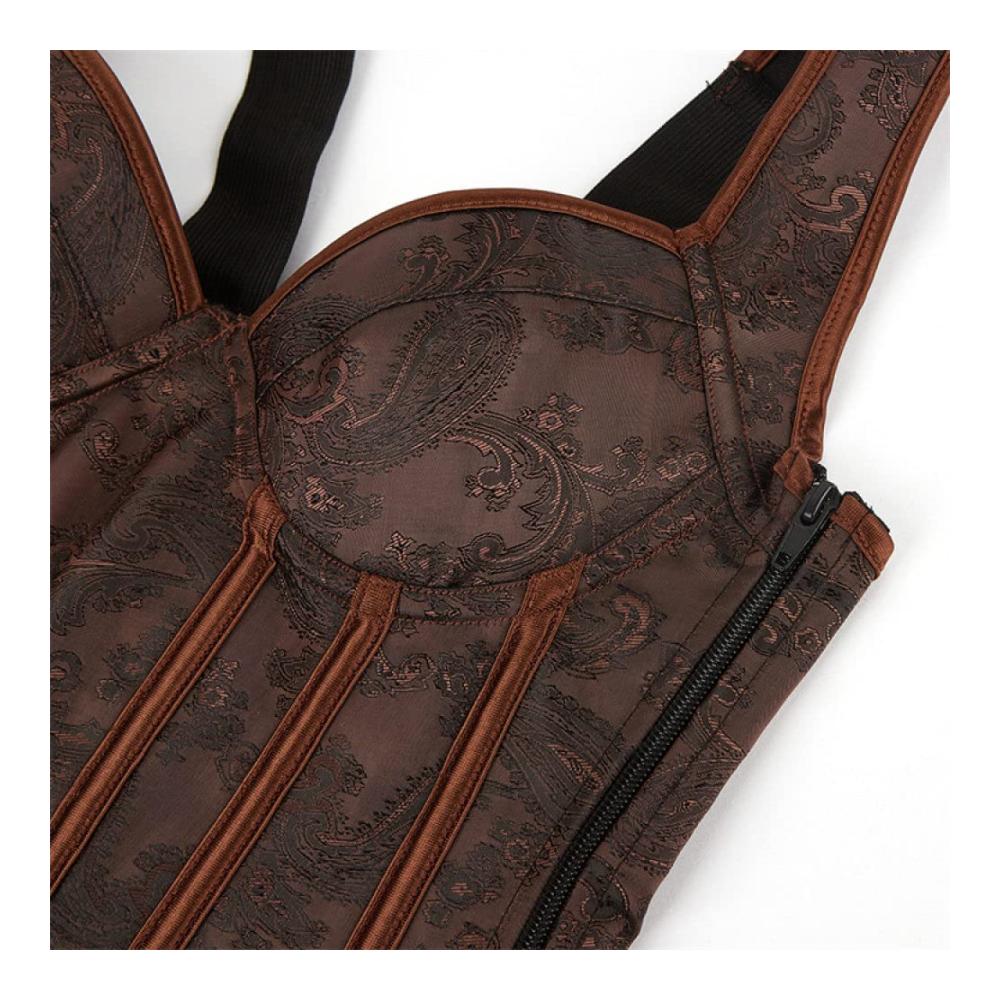 Korsagen & Bustiers Braunes Vintage Paisley Jacquard Korsett - Damen Überbrust Baskisch mit Riemen für Nachtclub Party Taille trainieren Bauchkontrolle Push-Up Shapewear