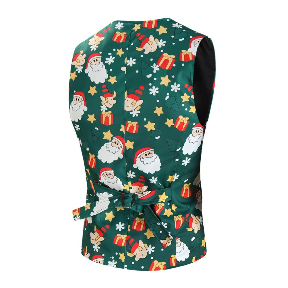 Herren Weihnachtsanzug Set V-Ausschnitt Weste Druckmuster Slim Fit Anzug für Weihnachtsparty