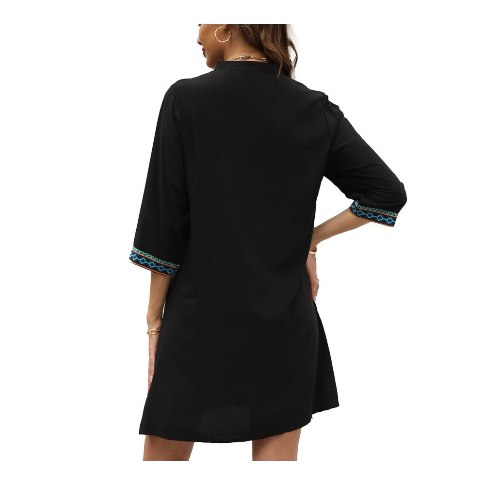 Boho Stickerei Kleid für Damen - 70er Hippie Style mit 3/4 Ärmeln Geteilter Neck und Knielänge - Freizeit Vakakado Frauenmode
