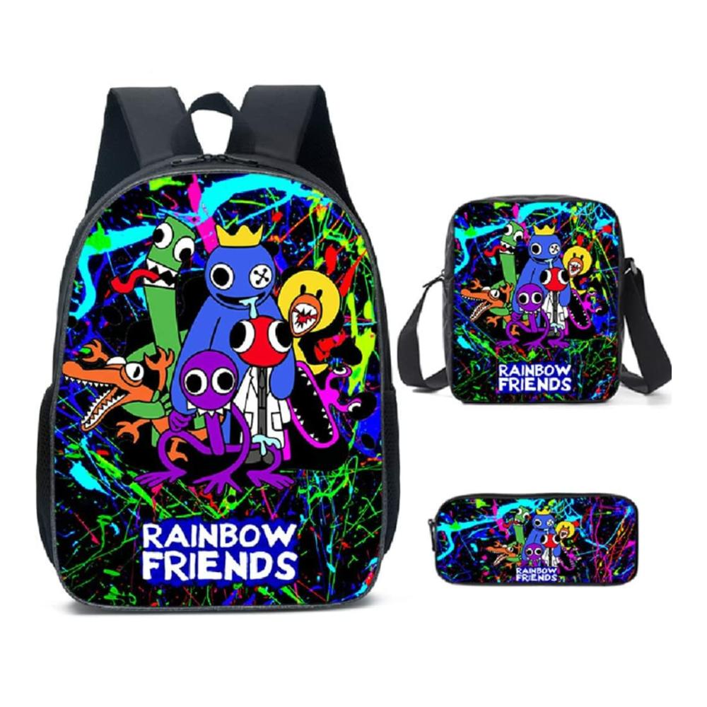 Regenbogen-Freunde 3-teiliges Schulranzen-Set für Kinder Cartoon Anime Design inkl. Aufbewahrungsband & Snack-Tasche Schwarz