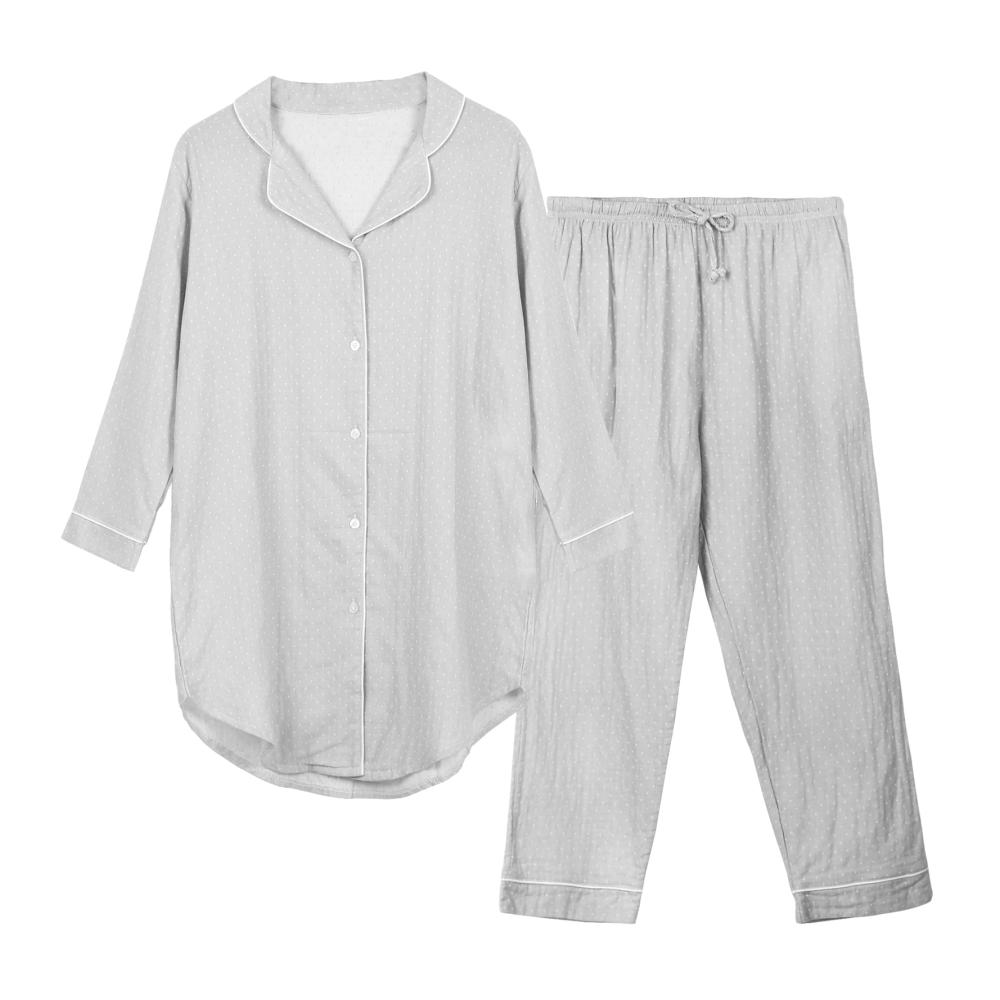 Damen Pyjama-Set Le Tyerisa 100% Baumwolle Zweiteiliger Schlafanzug mit Knöpfen 3/4 Ärmel Langes Shirt und Hose Hausanzug für Damen