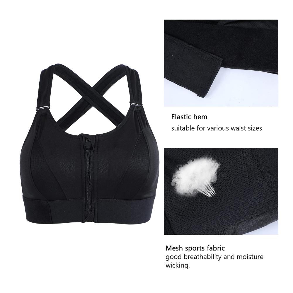 Sport-BH Damen Starker Halt Push-Up Front-Zip Vorderverschluss große Brüste verstellbare Träger gekreuzter Rücken - Ideal für Fitness Training