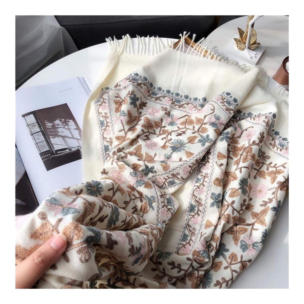 Damen Kaschmir-Schal mit Vintage-bestickten Blumen | Großer Winter-Schal in F für Damen | Warme dicke Schals für Herbst und Winter