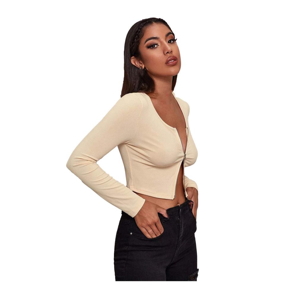 Langarmshirts Damen Sexy Retro Reißverschluss Bluse mit Umlegekragen - Modisches Pullover Tee in Casual Style