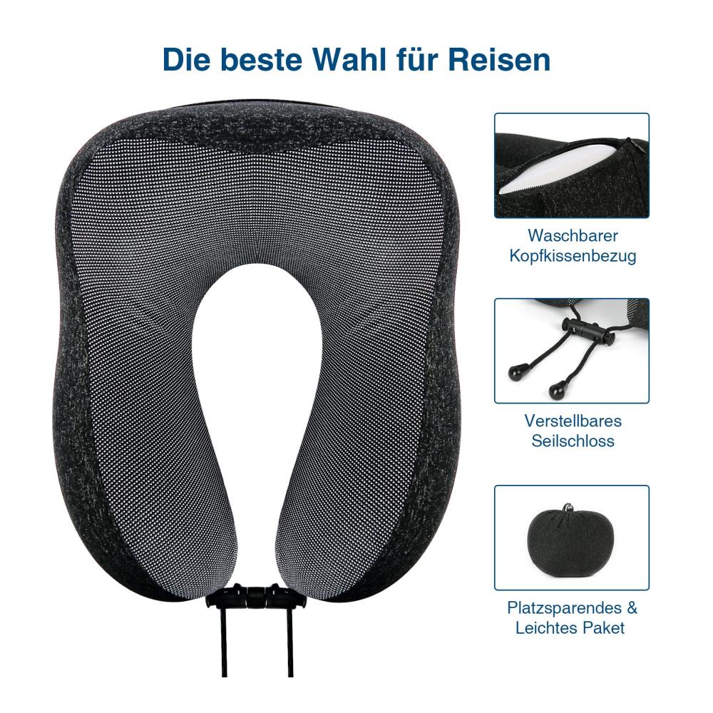 Memory Foam Nackenkissen für unterwegs - Reisekissen für Flugzeug Auto Zug Büro - Schnell verpackbares Nackenstützkissen aus 100% reinem Memory Foam - Perfektes Nackenhörnchen für Camping und Erwachsene