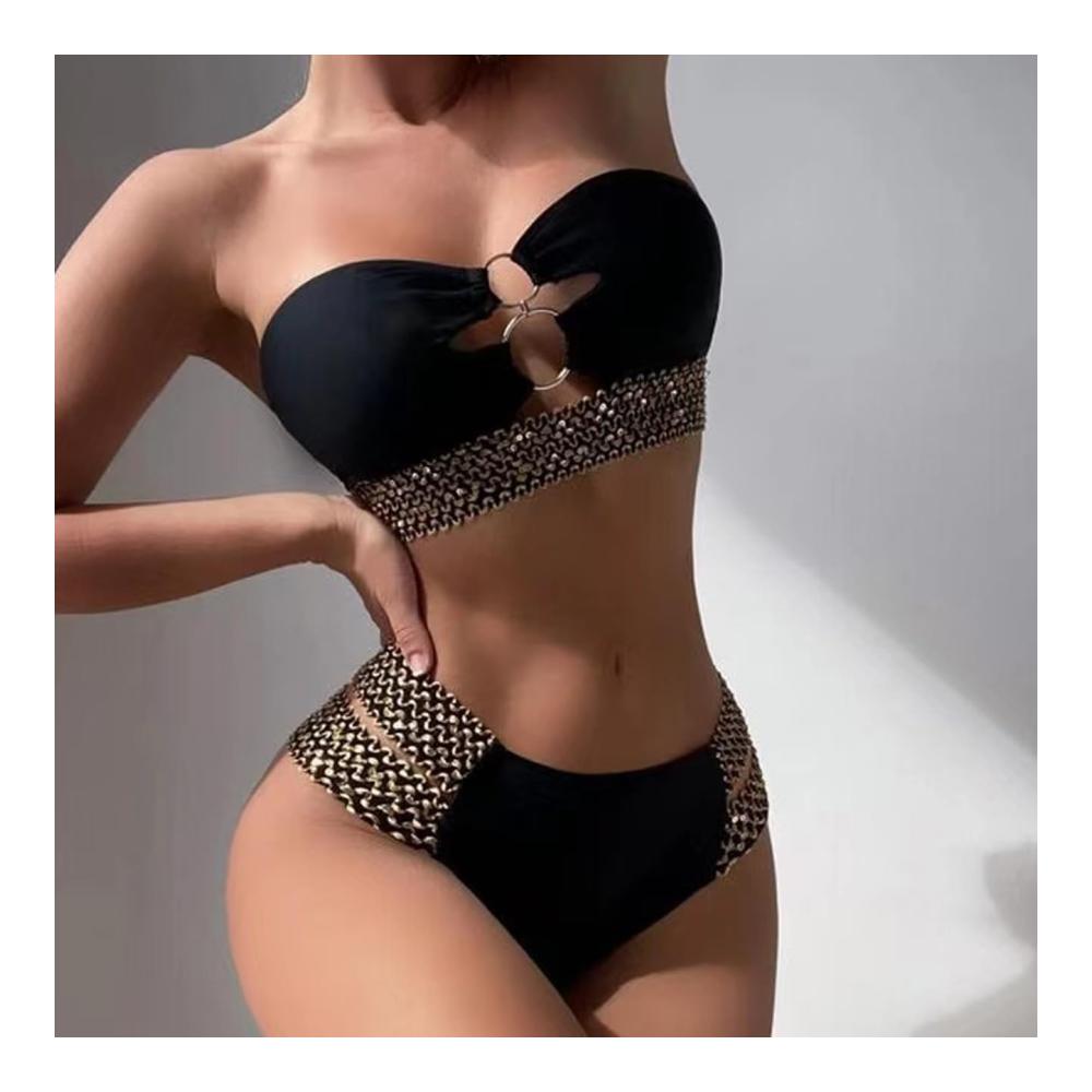 Damen Bikini-Set Trägerloser Zweiteiler mit Cut-Out Push-Up High Waist - Sexy Bademode für Damen