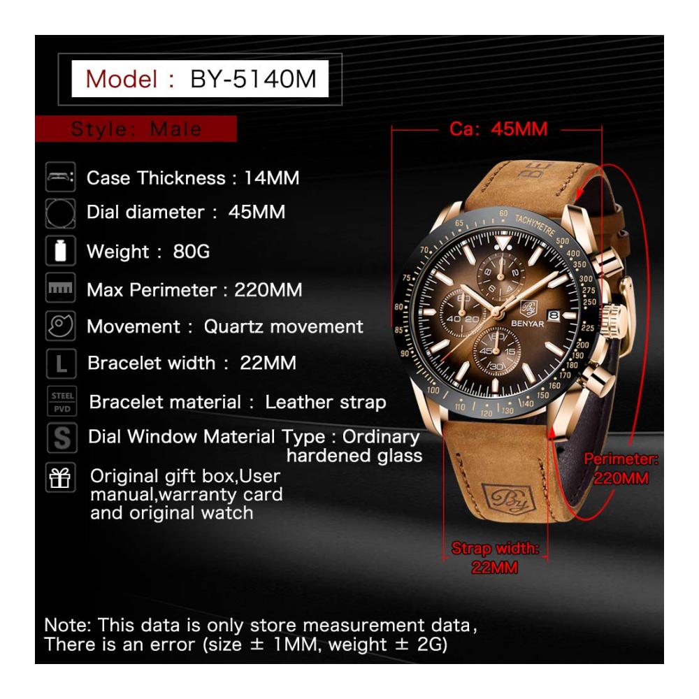 BENYAR Herren Armbanduhr - Chronograph Quartz Wasserdicht Business Design Schwarz/Blau Zifferblatt Braunes Lederarmband
