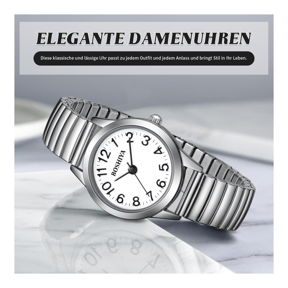 Damen Armbanduhr 23mm Edelstahl Elegant - Analog Quarz Uhr mit Großem Digital Zifferblatt Elastischem Armband - Gold/Silber Design