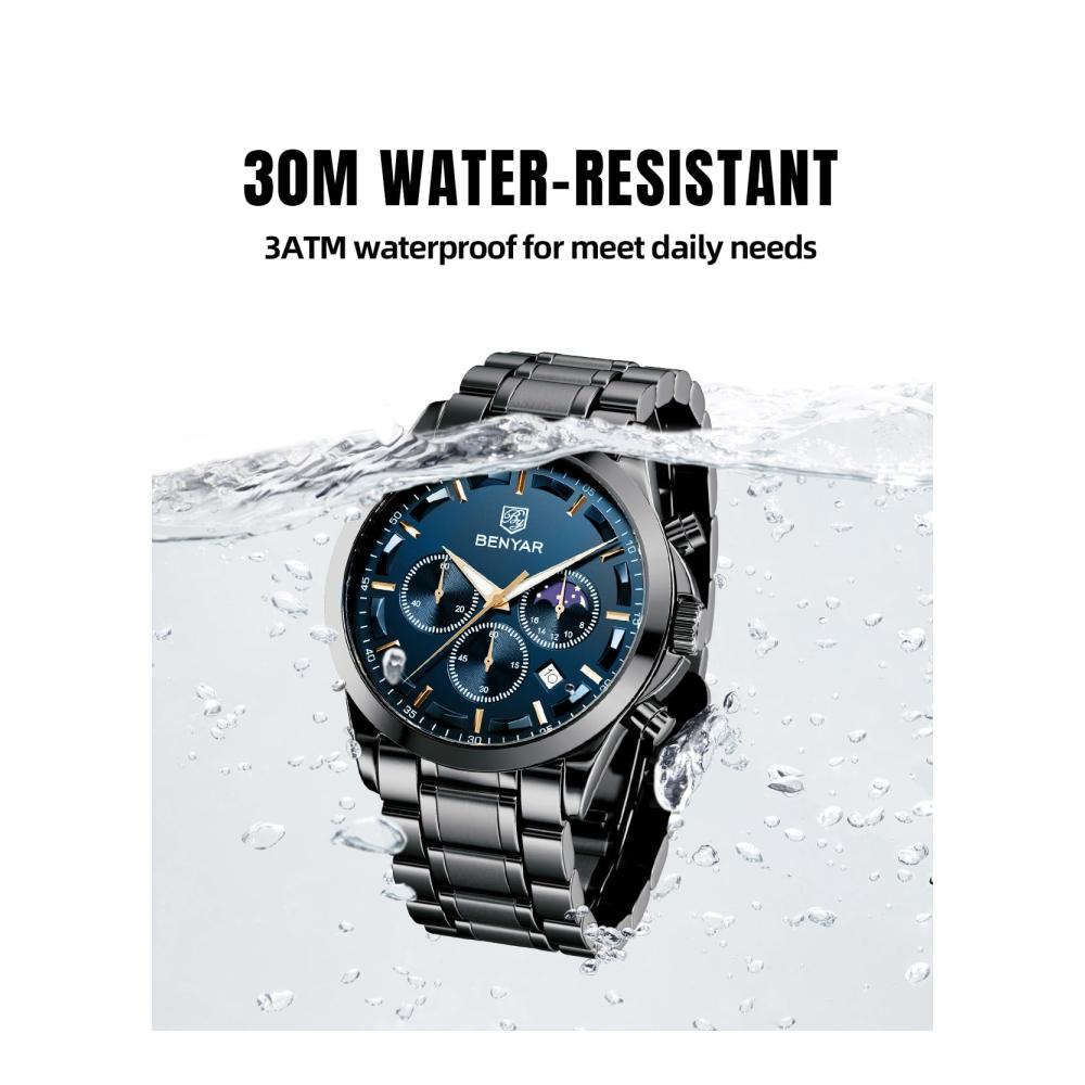 BENYAR Chronograph Herrenuhr - Stilvolle Armbanduhr mit Analogem Quarz Wasserdicht Leuchtendem Datum Business Design - Perfektes Geschenk für Männer mit Leder- oder Edelstahlarmband