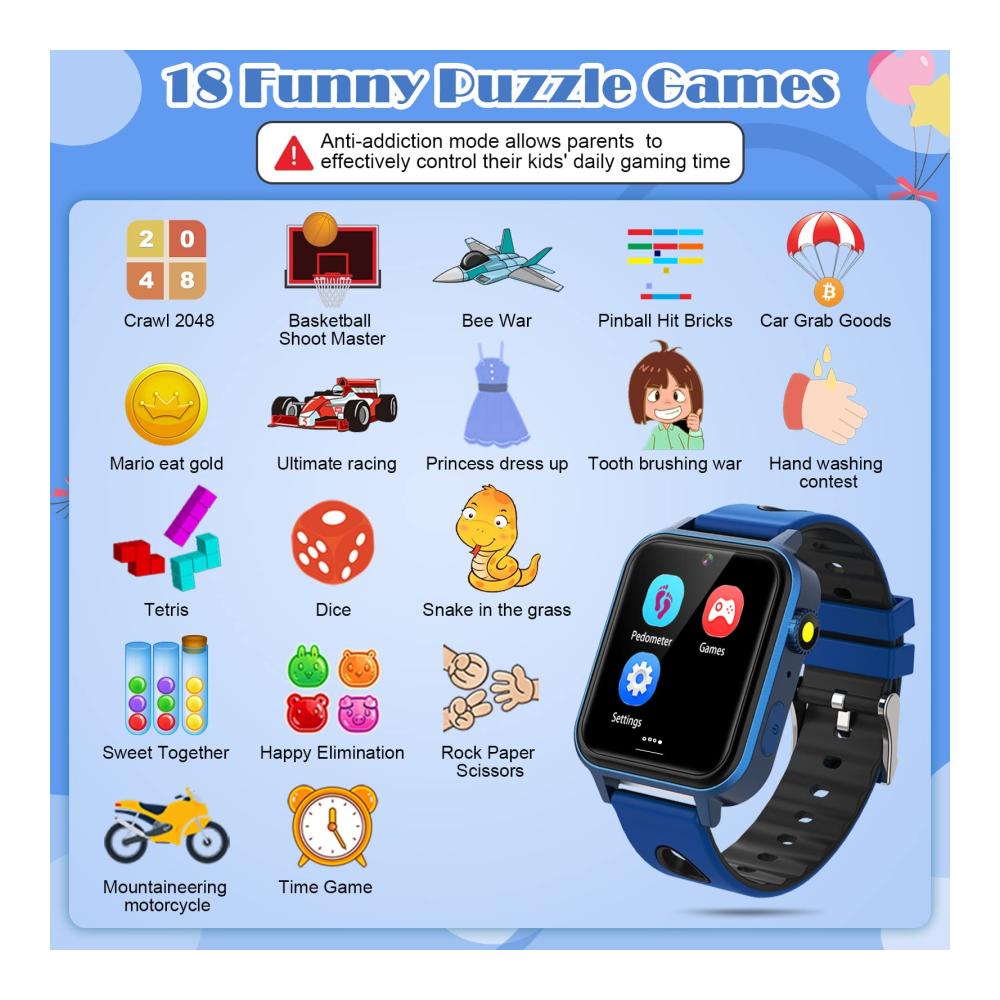 Fashion Smartwatches für Kinder - HD Touch Screen 18 Puzzle Spiele Kamera Video Musik Player - Geschenke für 3-12 Jahre Jungen und Mädchen