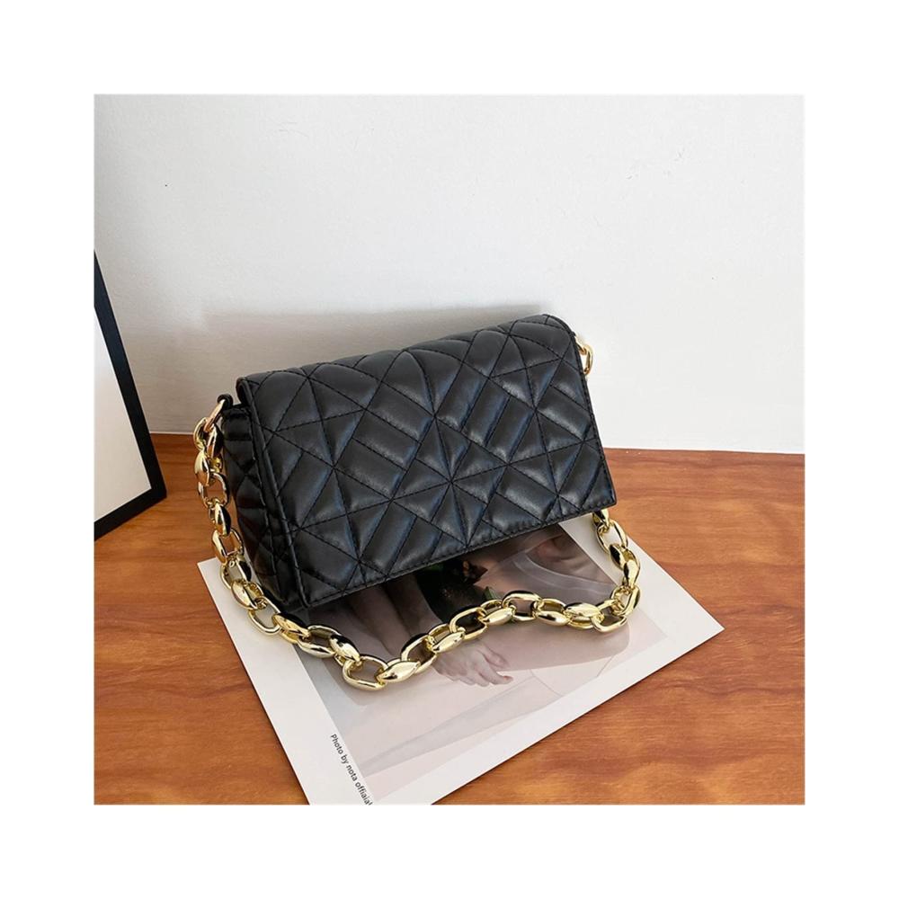 Schultertaschen 2023 Trendige Karomuster Umhängetasche mit Dicker Kette - Damen Handtasche in Schwarz (23x14x6cm