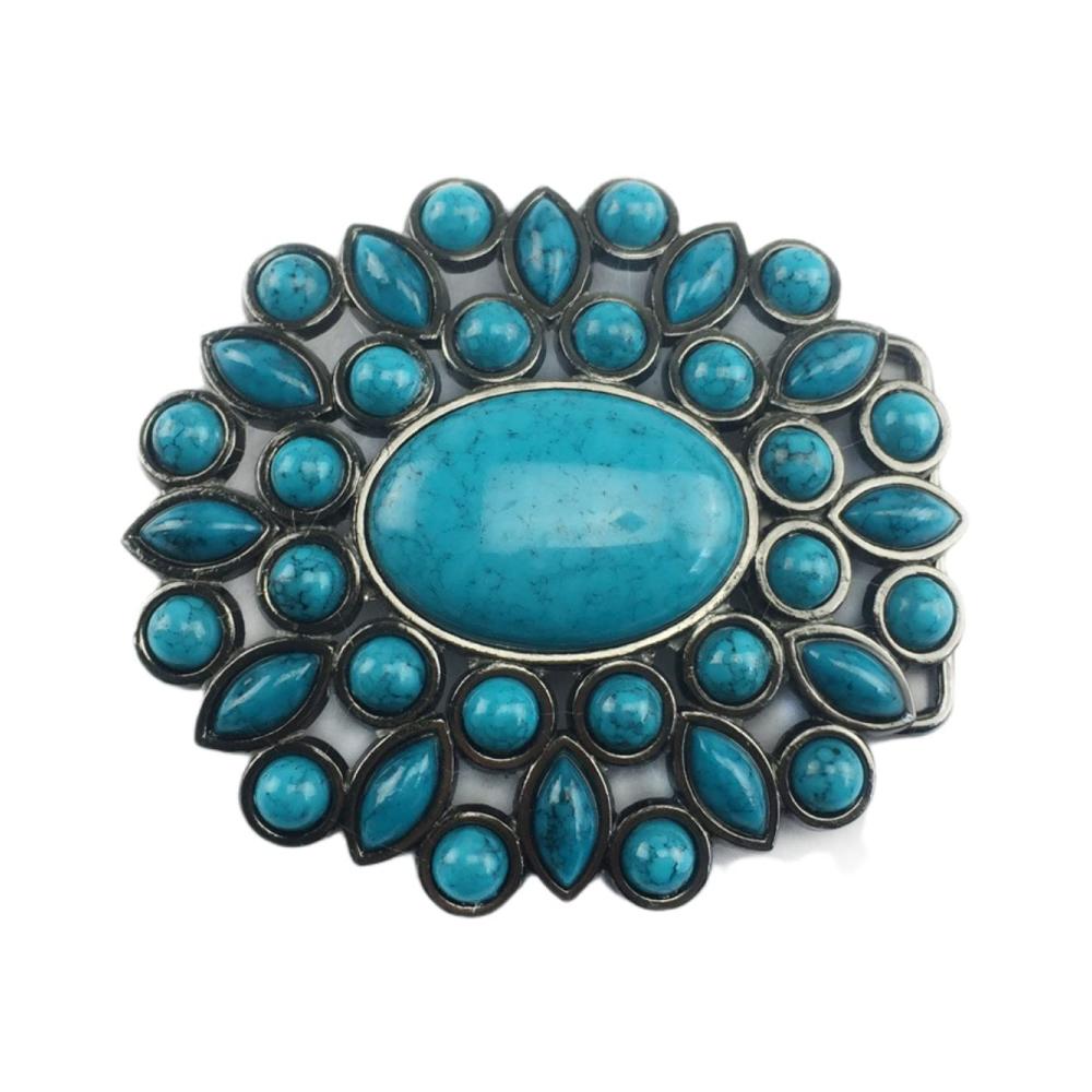 Cowboy Gürtelschnalle COOLLA Herren Vintage Türkis - Handgefertigte Gürtelschnalle in Blau (9 cm