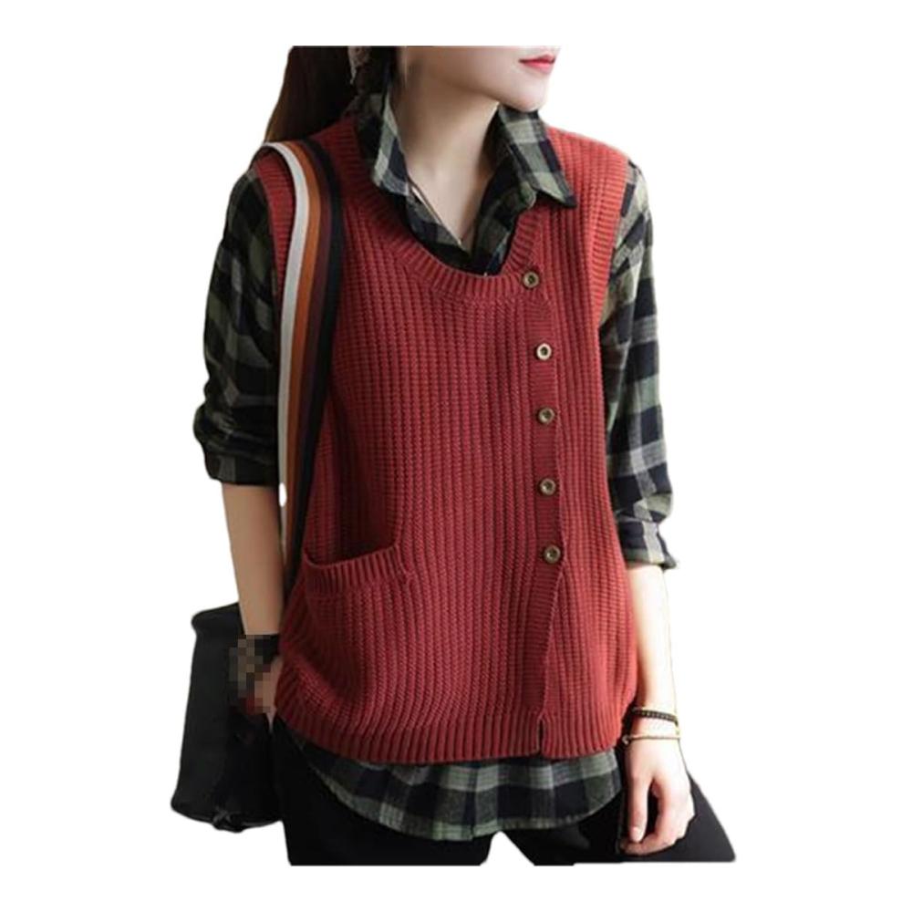 Ärmellose Strickweste für Frauen - Rundhals Pullover mit Einreiher und Taschen Casual Loose Fit