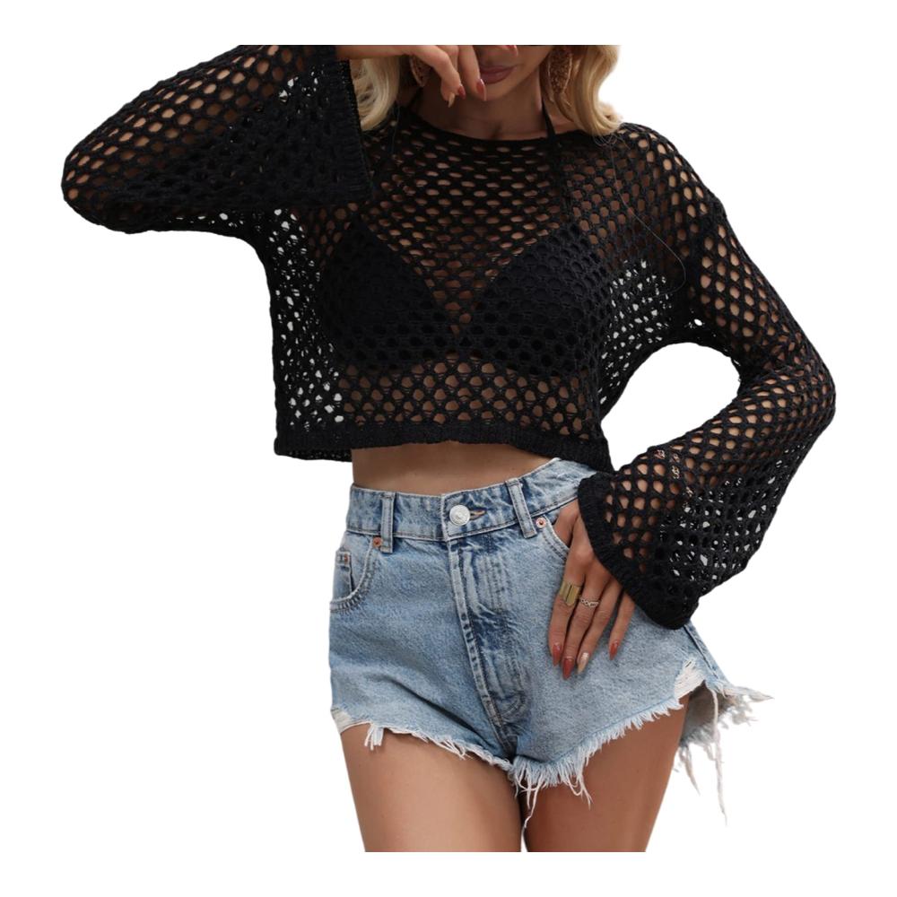 Häkel-Strickpullover Damen Langarm Crop Top mit Hollow Out Design - Y2K Aesthetic Sexy Pullover Vintage Stil - Elegant und Modisch für Frauen und Mädchen