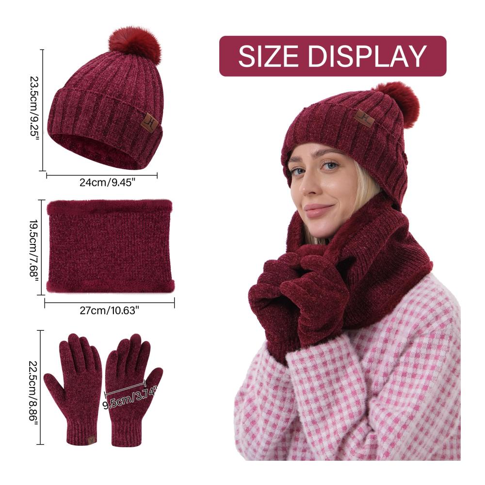 Chenille Strick Damen Winter Set Beanie Mütze Schal & Touchscreen-Handschuhe für den Winter - Loop Schal und Wärmende Winterhandschuhe inklusive